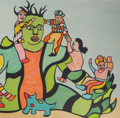 Niki DE SAINT PHALLE - Monstre vert et enfants joyeux - Lithographie originale signée 2