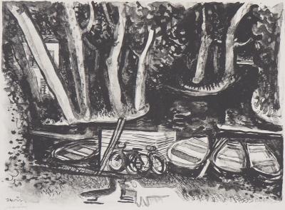 Maurice SAVIN - Les barques au bord du lac, 1949 - Lithographie originale signée 2
