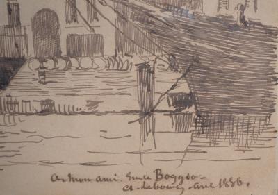 Albert Marie LEBOURG - Vieux port et voiliers : Rouen , 1886 - Dessin, Signé 2