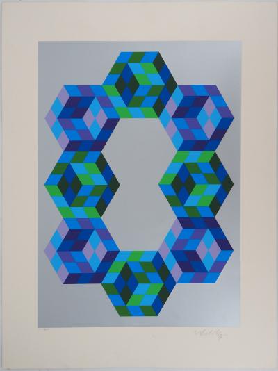 Victor VASARELY - Biome, Hexagones bleus - Sérigraphie originale, Signée 2
