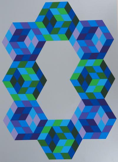 Victor VASARELY - Biome, Hexagones bleus - Sérigraphie originale, Signée 2
