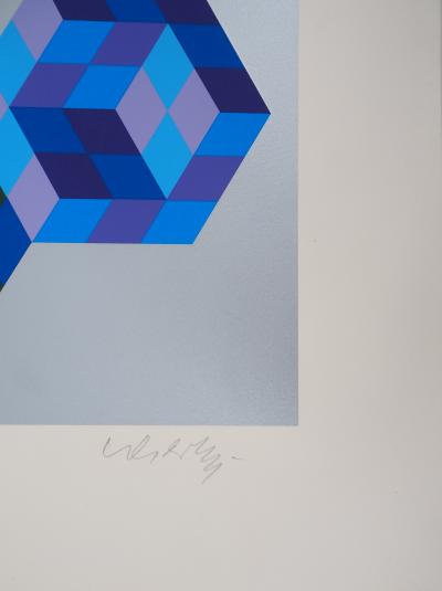 Victor VASARELY - Biome, Hexagones bleus - Sérigraphie originale, Signée 2