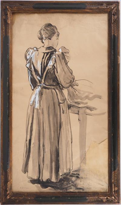 Henri LEBASQUE - Lavandière de dos - Dessin à l’encre, signé 2