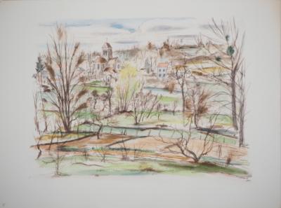 André DIGNIMONT - Vexin : Vue sur l’église de Jouy-le-Comte, 1946 - Lithographie originale signée 2