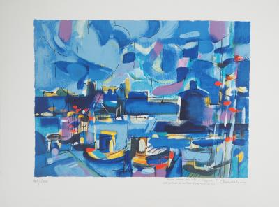 Jean CHEVOLLEAU - Île-de-Ré : bord de quai au port - Lithographie originale signée 2