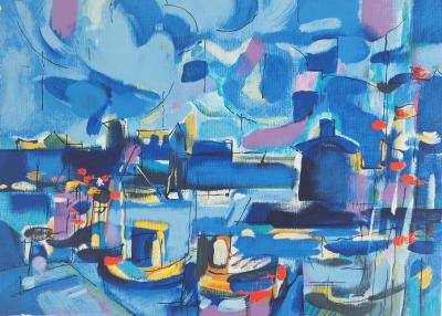 Jean CHEVOLLEAU - Île-de-Ré : bord de quai au port - Lithographie originale signée 2