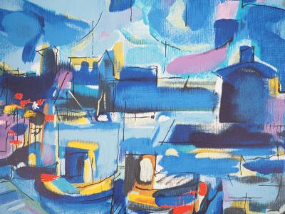 Jean CHEVOLLEAU - Île-de-Ré : bord de quai au port - Lithographie originale signée 2