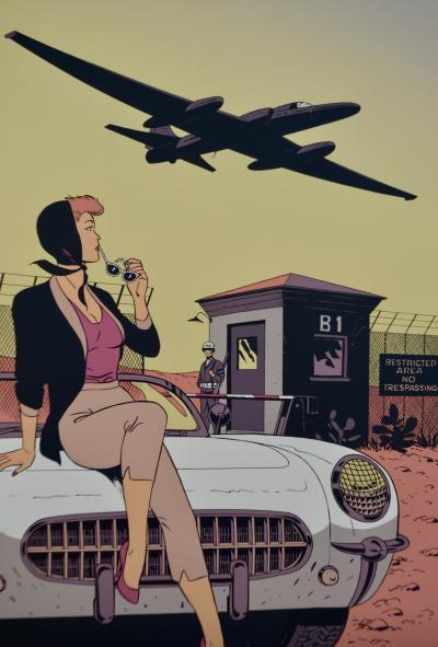 Philippe Berthet - Pin-up sur la voiture avec l’avion qui décolle - Sérigraphie signée et numérotée 2