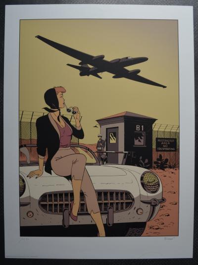 Philippe Berthet - Pin-up sur la voiture avec l’avion qui décolle - Sérigraphie signée et numérotée 2
