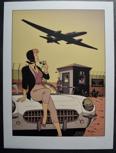 Philippe Berthet - Pin-up sur la voiture avec l’avion qui décolle - Sérigraphie signée et numérotée 2