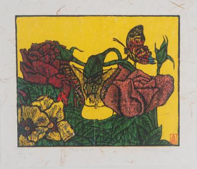 Reno MEGY SETIAWAN - Bouquet de roses, 2010 - Gravure sur bois originale signée 2