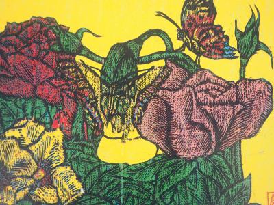 Reno MEGY SETIAWAN - Bouquet de roses, 2010 - Gravure sur bois originale signée 2