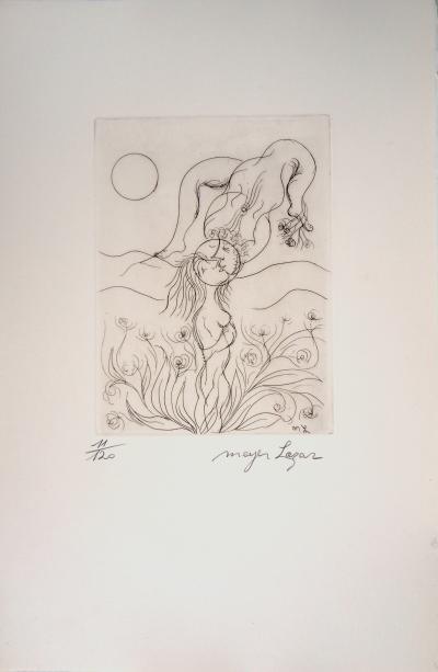 Meyer LAZAR - Amoureux dans un champ de roses, 1974 - Gravure originale signée 2