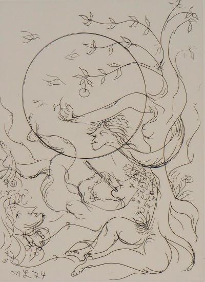 Meyer LAZAR - Le repos champêtre, 1974 - Gravure originale signée 2