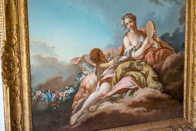 Ecole française du XVIII (dans le goût de Boucher) - Vénus au tambourin dans les nuages - Huile sur toile 2