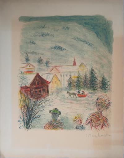 Kostia TERECHKOVITCH : Famille, Sortie en hiver - Lithographie originale signée 2
