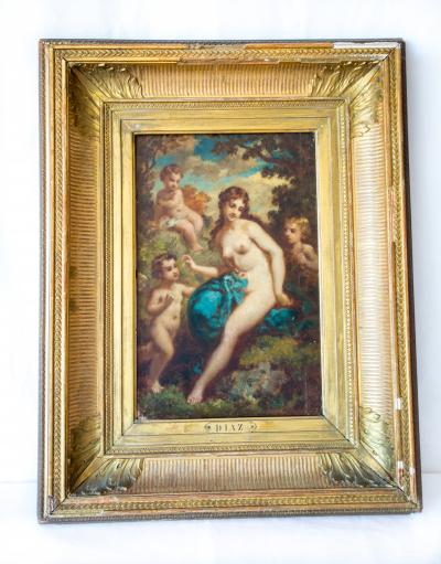 Narcisse Virgile DIAZ DE LA PEÑA  - Nymphe désirée par trois amours, XIXe siècle - Huile sur panneau 2