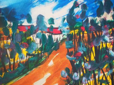 Edgar STOEBEL - Le hameau  - Huile sur papier marouflé sur toile, signée 2