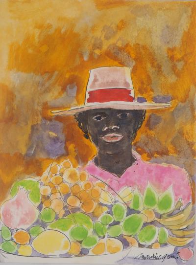 Maurice Genis : Le marchand de fruits exotiques - Aquarelle originale signée 2