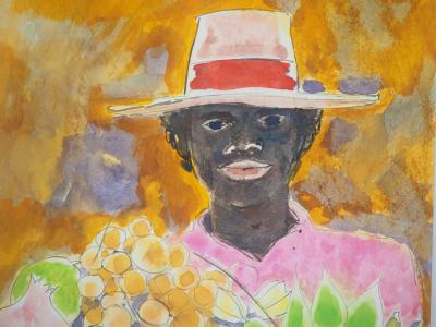 Maurice Genis : Le marchand de fruits exotiques - Aquarelle originale signée 2