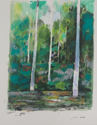 Maurice Genis : Forêt : Les bouleaux - Dessin Aquarelle original signée 2
