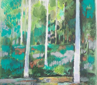 Maurice Genis : Forêt : Les bouleaux - Dessin Aquarelle original signée 2