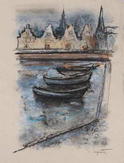 Georges LAPORTE - Hollande, Les barques au port - Dessin au pastel signé 2
