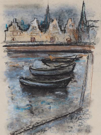 Georges LAPORTE - Hollande, Les barques au port - Dessin au pastel signé 2