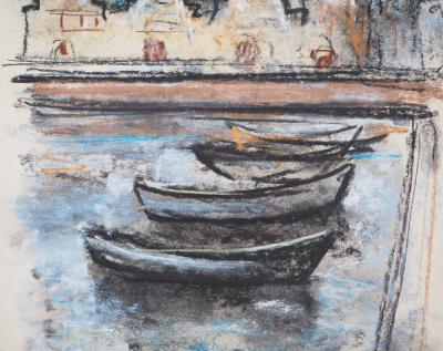 Georges LAPORTE - Hollande, Les barques au port - Dessin au pastel signé 2