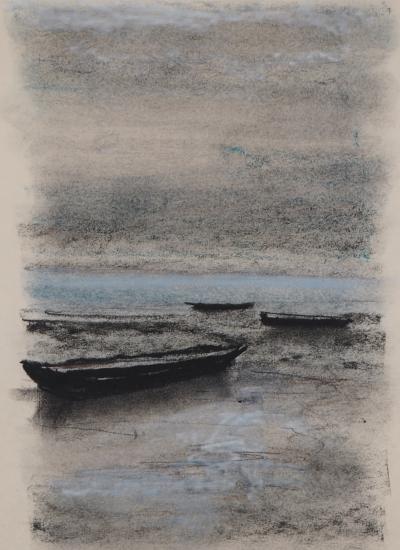 Georges LAPORTE - Bretagne, Barques à marée basse - Dessin original au pastel signé 2