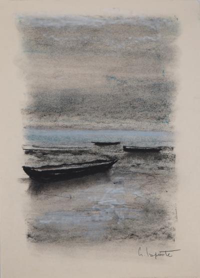 Georges LAPORTE - Bretagne, Barques à marée basse - Dessin original au pastel signé 2