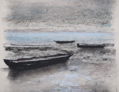 Georges LAPORTE - Bretagne, Barques à marée basse - Dessin original au pastel signé 2