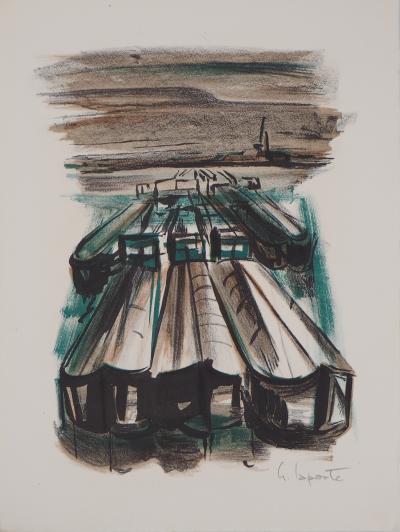 Georges LAPORTE - Péniches au port, 1971  - Lithographie originale signée 2