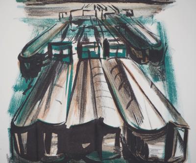 Georges LAPORTE - Péniches au port, 1971  - Lithographie originale signée 2