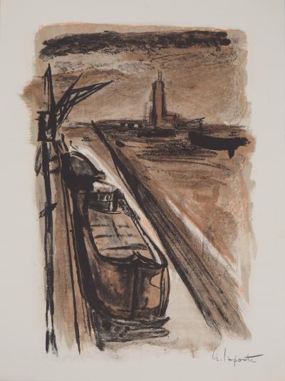 Georges LAPORTE - Péniche amarrée, 1971 - Lithographie originale signée 2