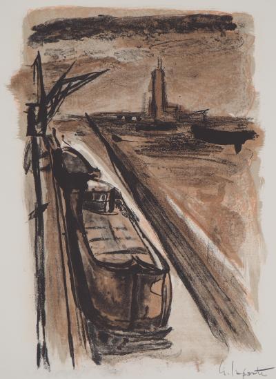 Georges LAPORTE - Péniche amarrée, 1971 - Lithographie originale signée 2