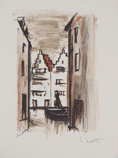 Georges LAPORTE - Gondolier sur les canaux de Bruges, 1971 - Lithographie originale signée 2