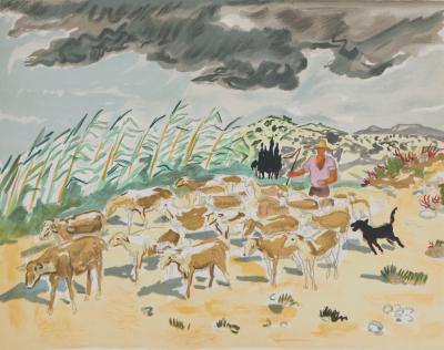 Yves BRAYER - Transhumance, Berger et son troupeau - Lithographie signée 2