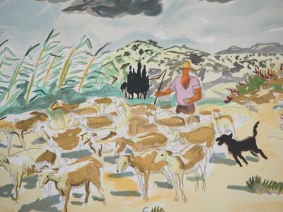 Yves BRAYER - Transhumance, Berger et son troupeau - Lithographie signée 2