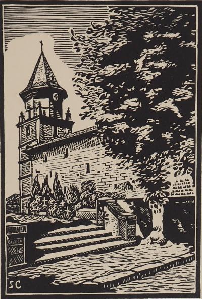 S. Cayotte - Le vieux clocher - Gravure sur bois originale signée 2