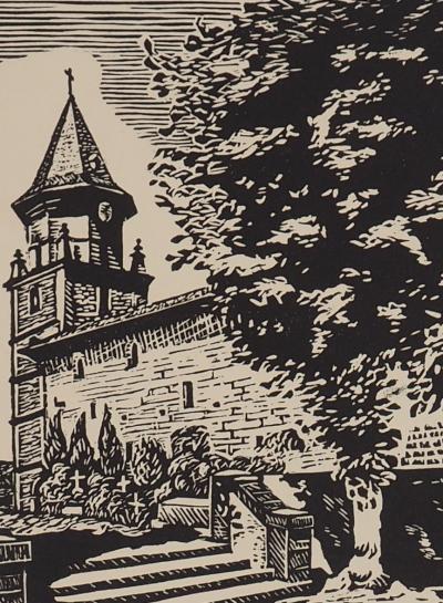 S. Cayotte - Le vieux clocher - Gravure sur bois originale signée 2