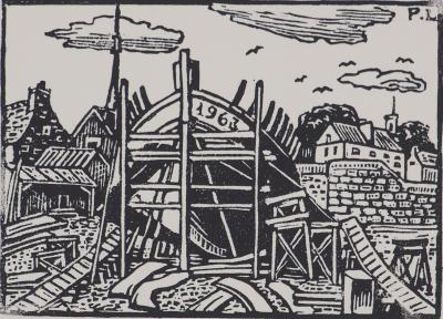 Pierre LEPAGE - Bretagne : Chantier naval à Concarneau - Gravure sur bois originale signée 2