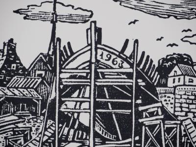 Pierre LEPAGE - Bretagne : Chantier naval à Concarneau - Gravure sur bois originale signée 2