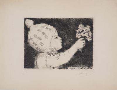 Hubert YENCESSE - Little girl with bouquet - Original signed etching 2
