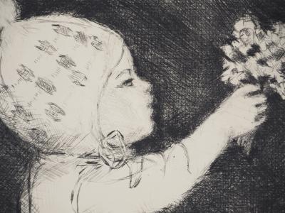 Hubert YENCESSE - Little girl with bouquet - Original signed etching 2