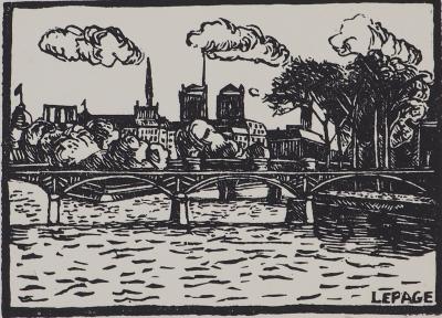 Pierre LEPAGE - Paris : Le pont des Arts - Gravure sur bois originale signée