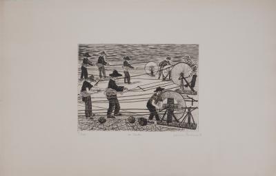 Janine ACREMANT - Chanvre, Les fabricants de corde - Gravure originale signée 2