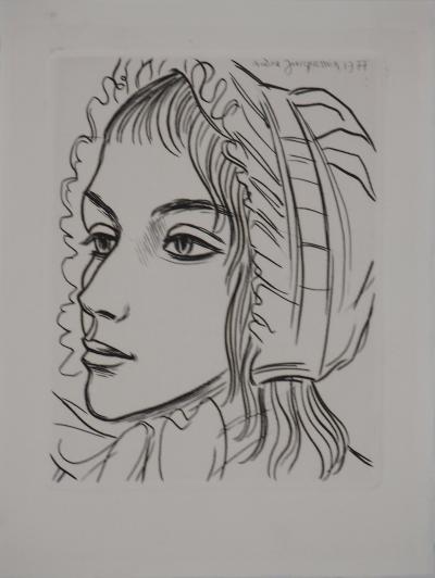 André JACQUEMIN : Portrait d’une femme au bonnet, 1977 - Gravure originale 2
