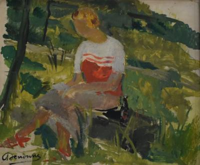 Alexandre DENONNE - Jeune fille lisant une lettre dans un parc - Huile sur panneau 2