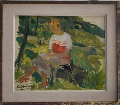 Alexandre DENONNE - Jeune fille lisant une lettre dans un parc - Huile sur panneau 2
